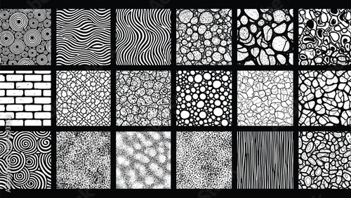Abstract hand drawn organic patterns, seamless vector textures set with linocut ripples, stippled dots, cellular structures, topographic waves, and geometric monochrome ink doodle backgrounds.