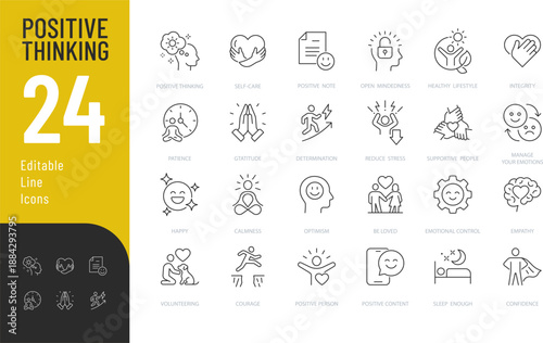 Positive Thinking Line Editable Icons set. Vector illustration in modern thin style of mental health related icons: self-care, optimism, emotional control, and more. Isolated on transparent background