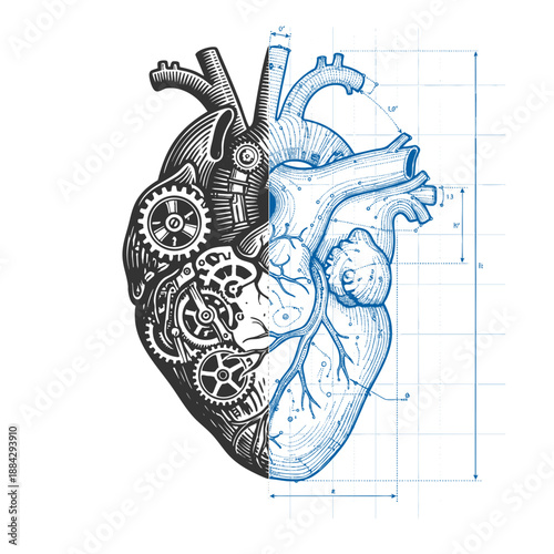  human heart with gears and technical blueprint lines, symbolizing the fusion of biology and engineering sketch engraving generative ai vector illustration. Scratch board imitation. Black and white.