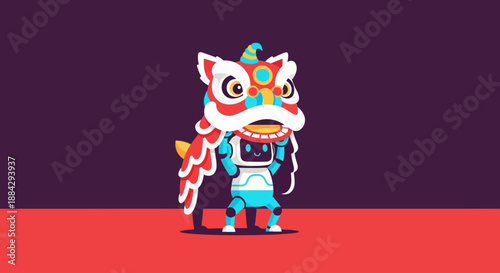 Vibrant lion dance performance illustration on a red stage with a dark background