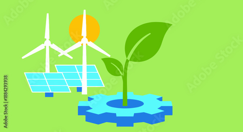 Renewable energy sources powering a sprouting plant in a gear, symbolizing sustainable technology and eco-friendly innovation