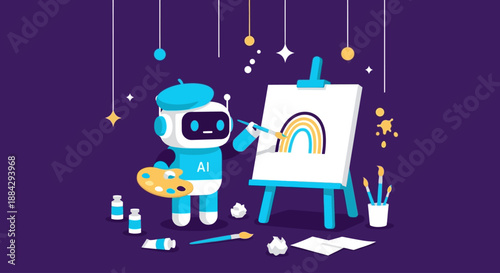 Robot artist creating a colorful rainbow painting on an easel surrounded by art supplies in a creative studio environment from a front viewpoint