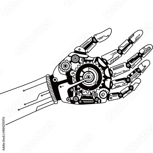 Robotic Cybernetic Hand Illustration - Steampunk Mechanical Gear Palm Silhouette Icon