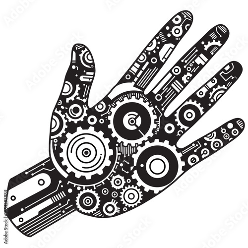 Robotic Cybernetic Hand Illustration - Steampunk Mechanical Gear Palm Silhouette Icon