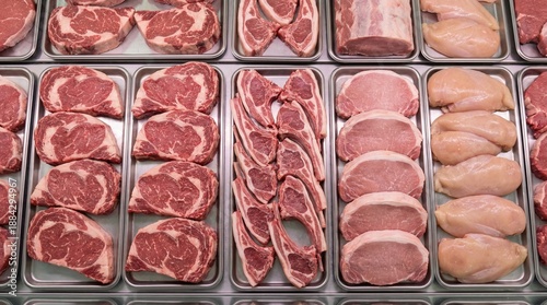 Assorted fresh meat cuts displayed in trays at butcher shop  