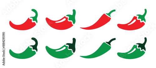 Spicy chili pepper icon set, Red and Green Chili Pepper– Spicy Vegetable Food Symbols Flat Vector Illustration.