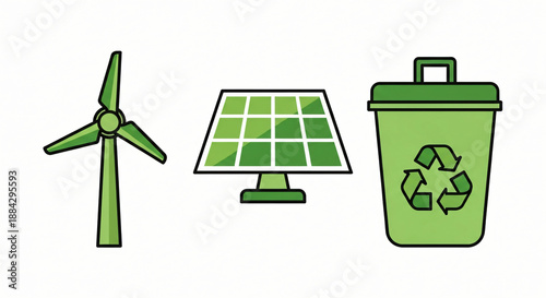 Vector illustration set of green eco energy icons and nature symbols featuring a recycle sign and tree leaf design for a sustainable bio power business concept