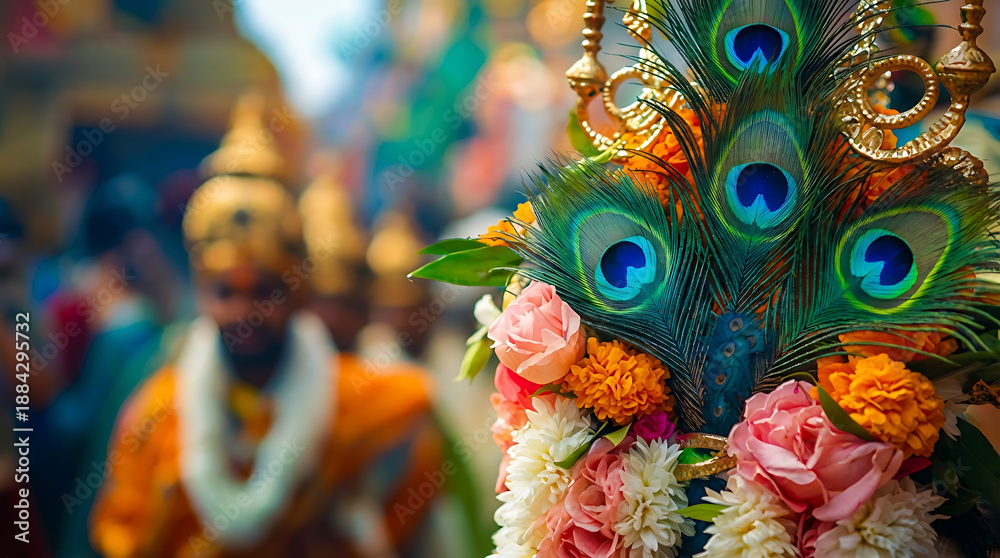 Fototapeta premium colorful festival flowers and peacock feathers in foreground with blurred crowd during the grand thaipusam celebration honoring the victorious hindu deity known murugan