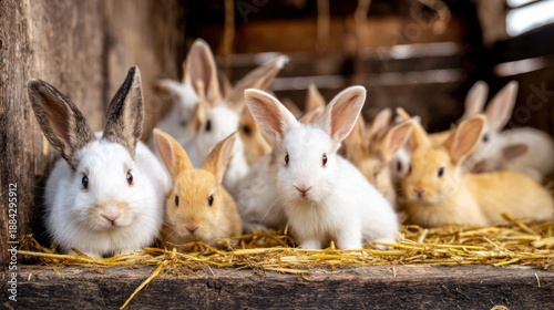 Baby rabbits looking out from wooden hutch on a farm, group of young bunnies resting on straw