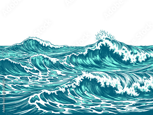 powerful stormy ocean waves, ideal for nautical, marine, or retro-themed design projects sketch engraving generative ai vector illustration. Scratch board imitation. Color image.