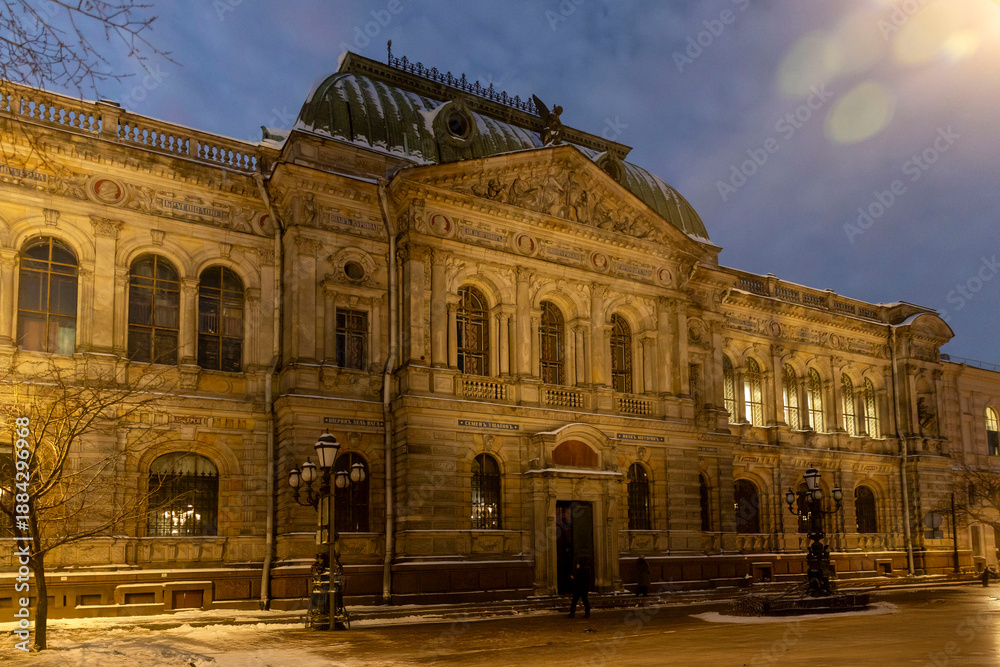 Obraz premium Saint Petersburg, Russia, January 17, 2026, Exterior of the Stieglitz Academy of Art and Design building illuminated at night in Saint Petersburg.