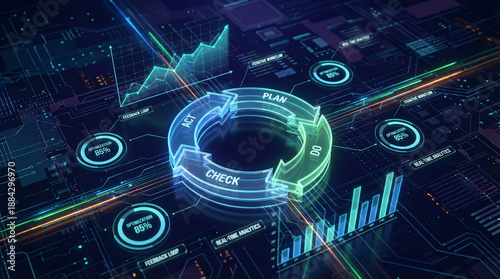 Futuristic business process optimization dashboard with PDCA cycle, plan do check act loop, real time analytics charts, data visualization interface, performance metrics, digital transformation.