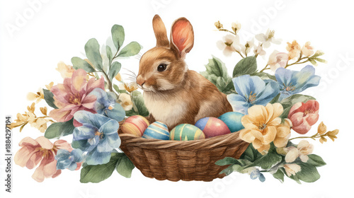 Rabbit in a basket with colorful Easter eggs surrounded by flowers with green leaves on white background. Watercolor illustration. Generative AI