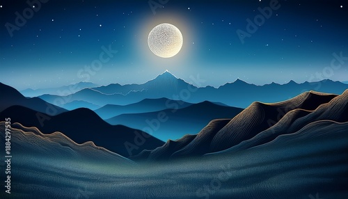 Beautiful Night Landscape With Mountains And Moon In Lineart Style