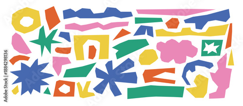 Cut-out playful piece of colorful paper in flat collage style. Shape colorful elements doodle scrap background.