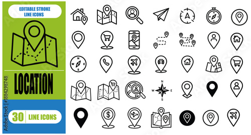 LOCATION OUTLINE ICON SET. CONTAIN ICONS RELATED TO NAVIGATION, GPS, LOCATION, ROUTE, AND MORE. EDITABLE STROKE. VECTOR ILLUSTRATION