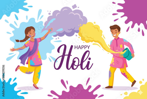 Holi Festival Celebration: A vibrant scene captures the spirit of the Holi festival, with two figures playfully dousing each other in clouds of vivid color.