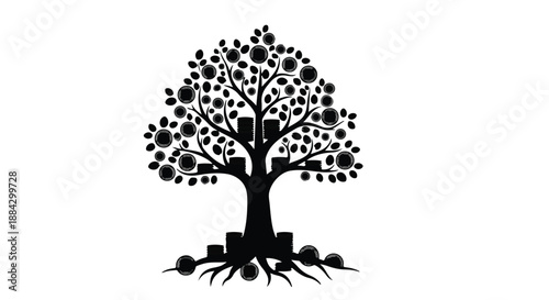 Black silhouette of tree with cityscape roots and branches on white background, eco-friendly urban nature concept