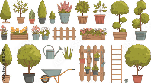 Hand drawn garden elements collection with potted plants, trees, flowers, tools, fences, decorative nature objects, botanical illustration set