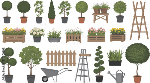 Hand drawn garden elements collection with potted plants, trees, flowers, tools, fences, decorative nature objects, botanical illustration set