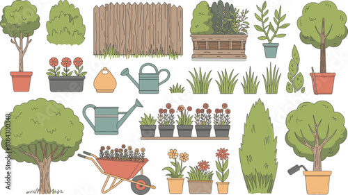 Hand drawn garden elements collection with potted plants, trees, flowers, tools, fences, decorative nature objects, botanical illustration set
