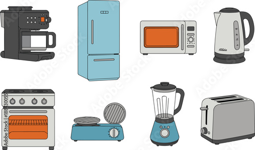 Household kitchen appliances set including refrigerator, microwave, coffee maker, blender, toaster, oven, kettle, stove, modern home equipment illustration