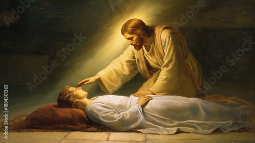 Jesus touched a weak person's forehead as they laying on a plain mat, and His hands glowed brightly.