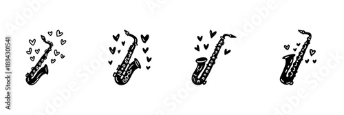 Saxophone With Hearts In Hand Drawn Style Set. Musical Romance, Jazz Love, Melodic Expression Doodle Sketch Collection. Artistic Music Passion. Isolated Vector Illustration