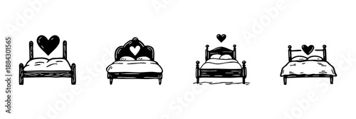 Beds With Heart Symbols In Hand Drawn Style Set. Romantic Bedroom, Love, And Comfort Doodle Sketch Collection. Cozy Sleep Environment. Isolated Vector Illustration