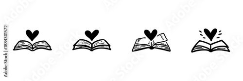 Open Book With Heart Icons In Hand Drawn Style Set. Love For Reading, Literature Passion, Bookworm Enthusiasm Doodle Sketch Collection. Educational Inspiration. Isolated Vector Illustration