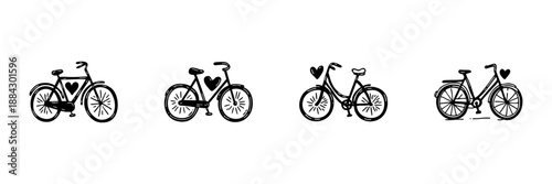Bicycles With Heart Symbols In Hand Drawn Style Set. Love For Cycling, Eco-Friendly Transportation, Fitness Enthusiasm Doodle Sketch Collection. Isolated Vector Illustration