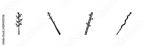 Four Unique Magic Wands In Hand Drawn Style Set. Mystical Tools, Wizardry, Fantasy Elements Doodle Sketch Collection. Magical Accessories, Enchantment Symbols. Isolated Vector Illustration