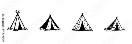 Teepee Tent Illustrations In Hand Drawn Style Set. Traditional Native American Shelter Doodle Sketch Collection. Camping And Outdoor Adventure Theme. Isolated Vector Illustration