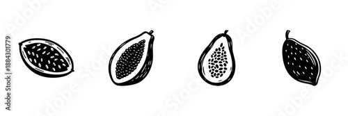 Papaya Fruit Illustrations In Hand Drawn Style Set. Tropical Fruit, Nutrition, And Healthy Eating Doodle Sketch Collection. Exotic Food Art. Isolated Vector Illustration
