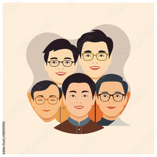 Diverse group of men forming a community together in a vector illustration from a front viewpoint