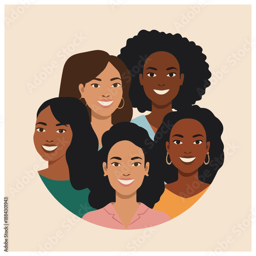 Diverse group of smiling women together in a circular illustration from a straightforward viewpoint