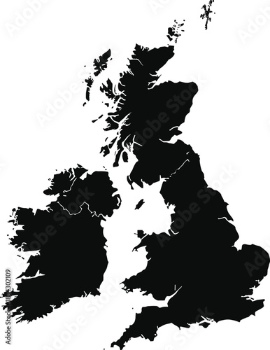 United Kingdom map silhouette showing England Scotland Wales and Northern Ireland geography in clean black vector illustration isolated style