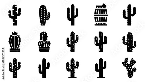Collection of Cactus Icons and Barrel Illustration.
