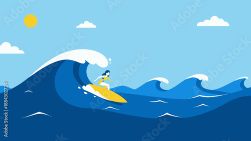 Surfer riding a large wave on a yellow surfboard.