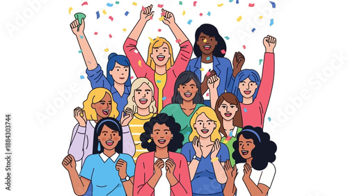 Diverse group of women celebrating success with arms raised and confetti falling.