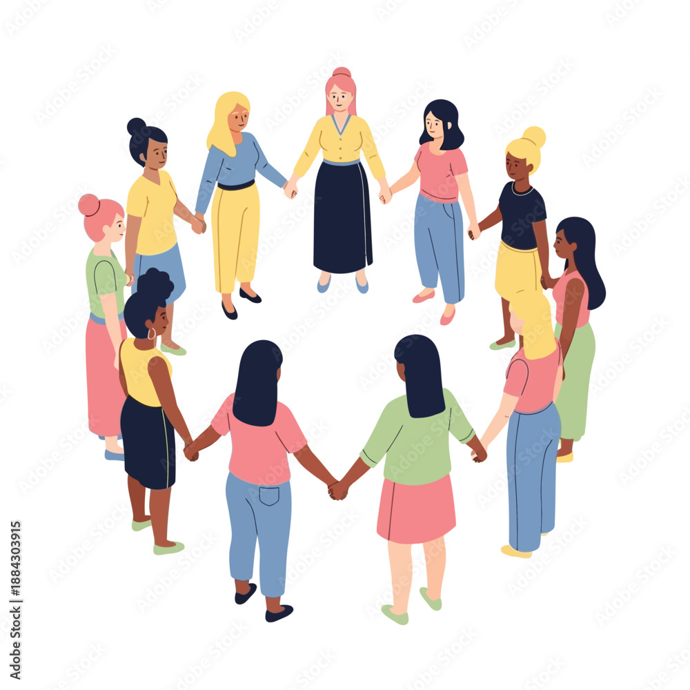 Obraz premium Diverse group of women holding hands in a circle.