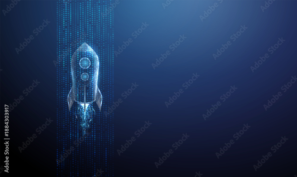 Fototapeta premium Blue 3d rocket flying in data stream. Technological acceleration, digital transformation, IT progress, cloud computing, goal achievement concept.