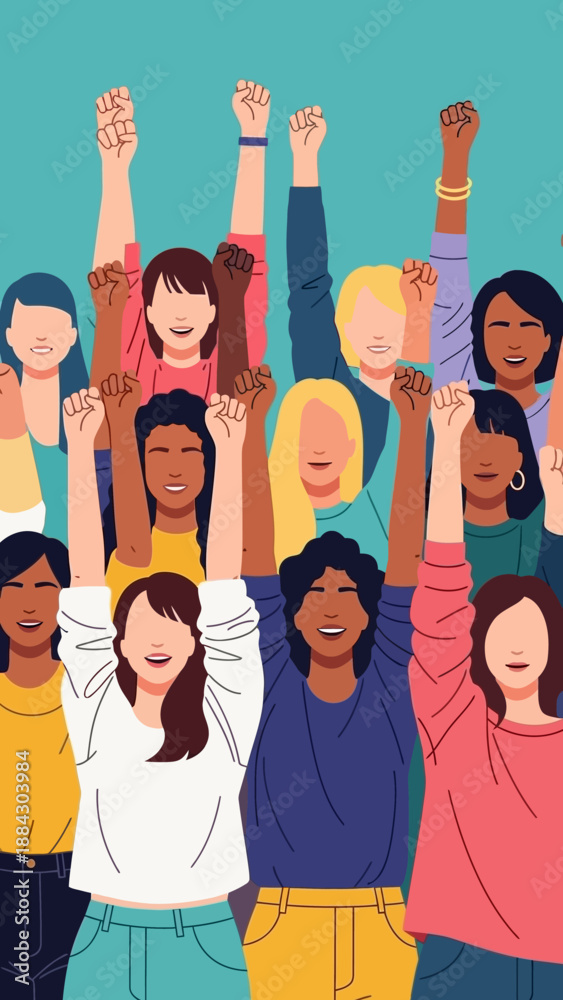 Fototapeta premium Diverse group of women raising fists in solidarity and empowerment.