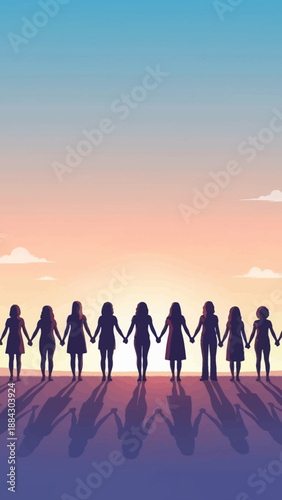 Diverse group of women holding hands in solidarity.