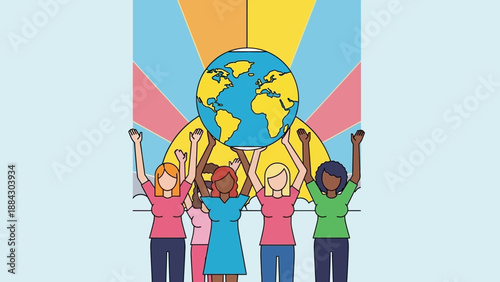 Diverse group of women holding up the earth together.