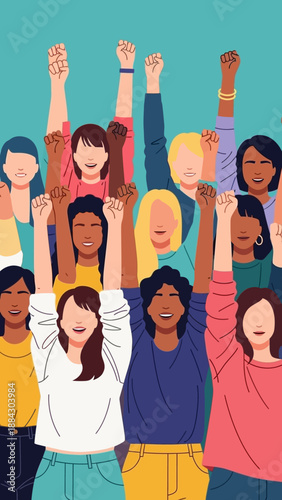 Diverse group of women raising fists in solidarity and empowerment.