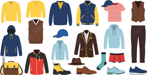 Men clothing and fashion outfit collection vector illustration set featuring casual and formal apparel, shoes, accessories, and modern wardrobe items