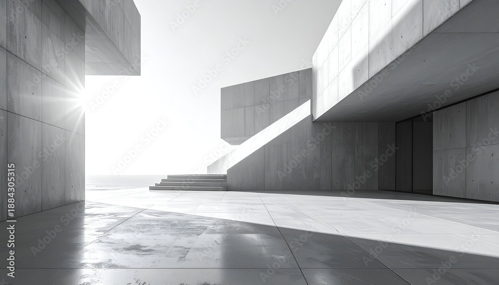 Obraz premium Modern architectural design featuring concrete structures with dynamic angles and soft sunlight