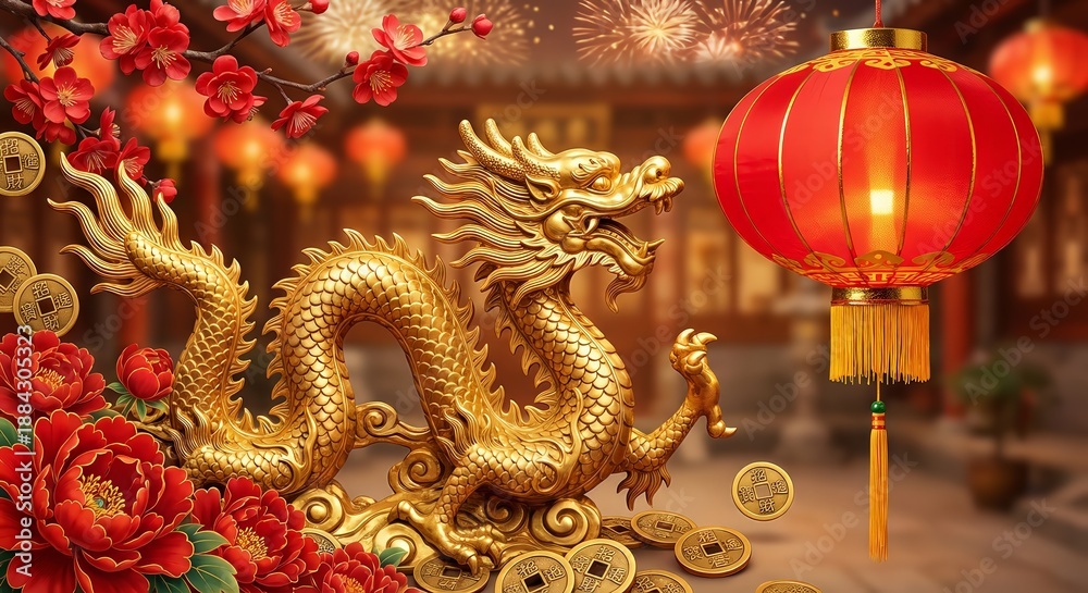 Fototapeta premium Golden dragon statue with red lanterns and flowers symbolizes prosperity and good fortune.