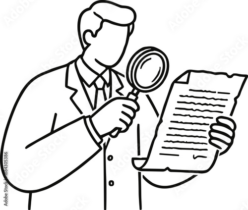 Male Historian Examining Ancient Constitution Document with Magnifying Glass Vector Illustration for Presidents Day